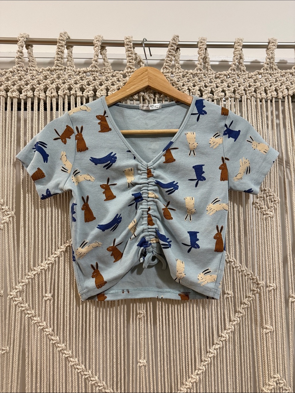 Light Blue Bunnies Ruched Front Crop Top